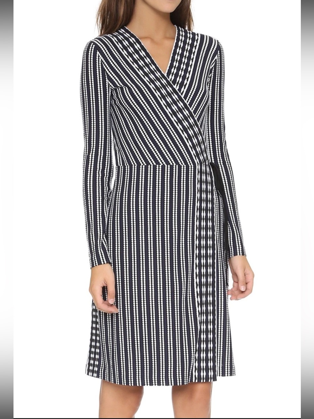 Tory Burch Navy Oxford Stripe Long-Sleeve Jacquard Wrap Dress Size XS